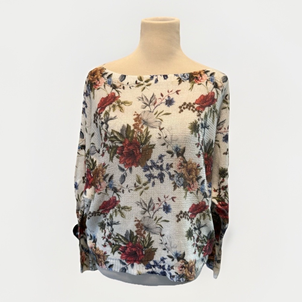 Anna Melani Italian Floral‎ Ivory open knit sweater Size Medium Made In Italy
